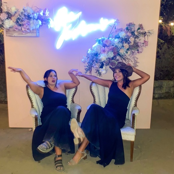 Watters navy blue one shoulder floor length formal bridesmaid prom gown - Picture 3 of 4